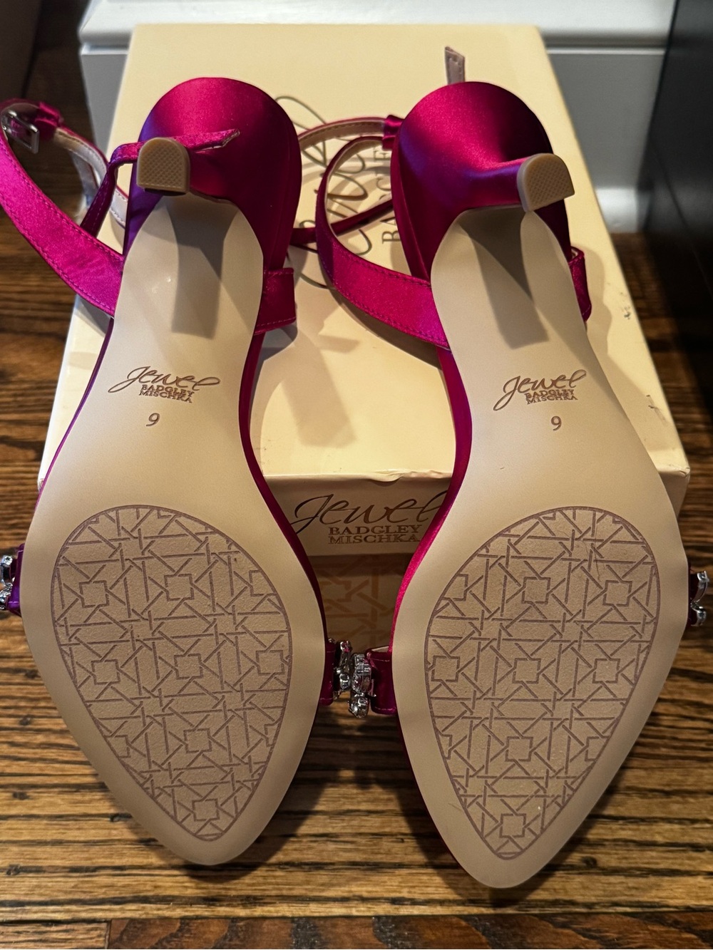 NEW IN BOX—Jewel Badgley Mischka Hot Pink Crystal-Embellished Satin Heels - Picture 2 of 5